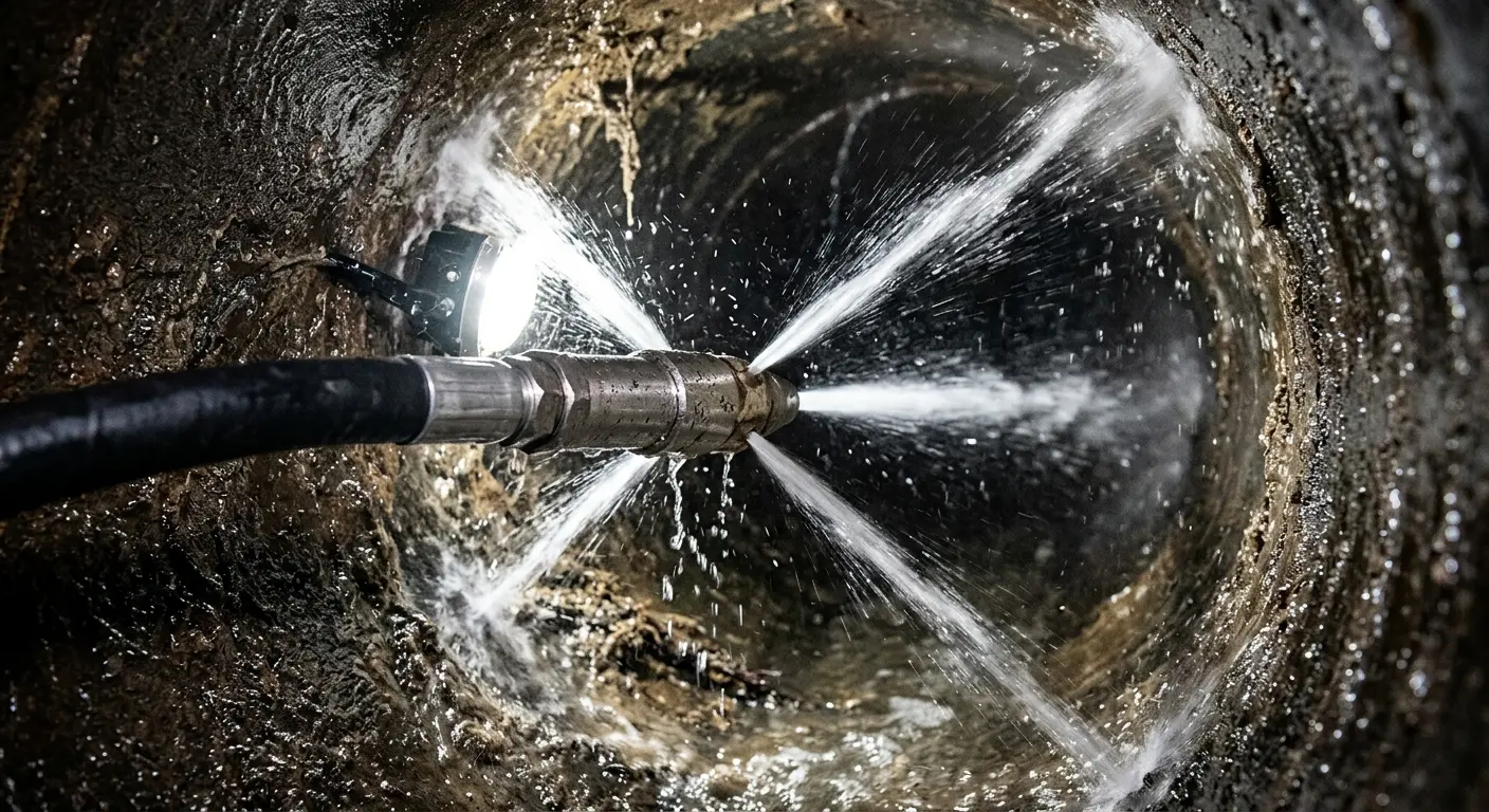 High-pressure hydro jetting nozzle cleaning sewer pipe for Emergency Drain Service in Lehigh Acres