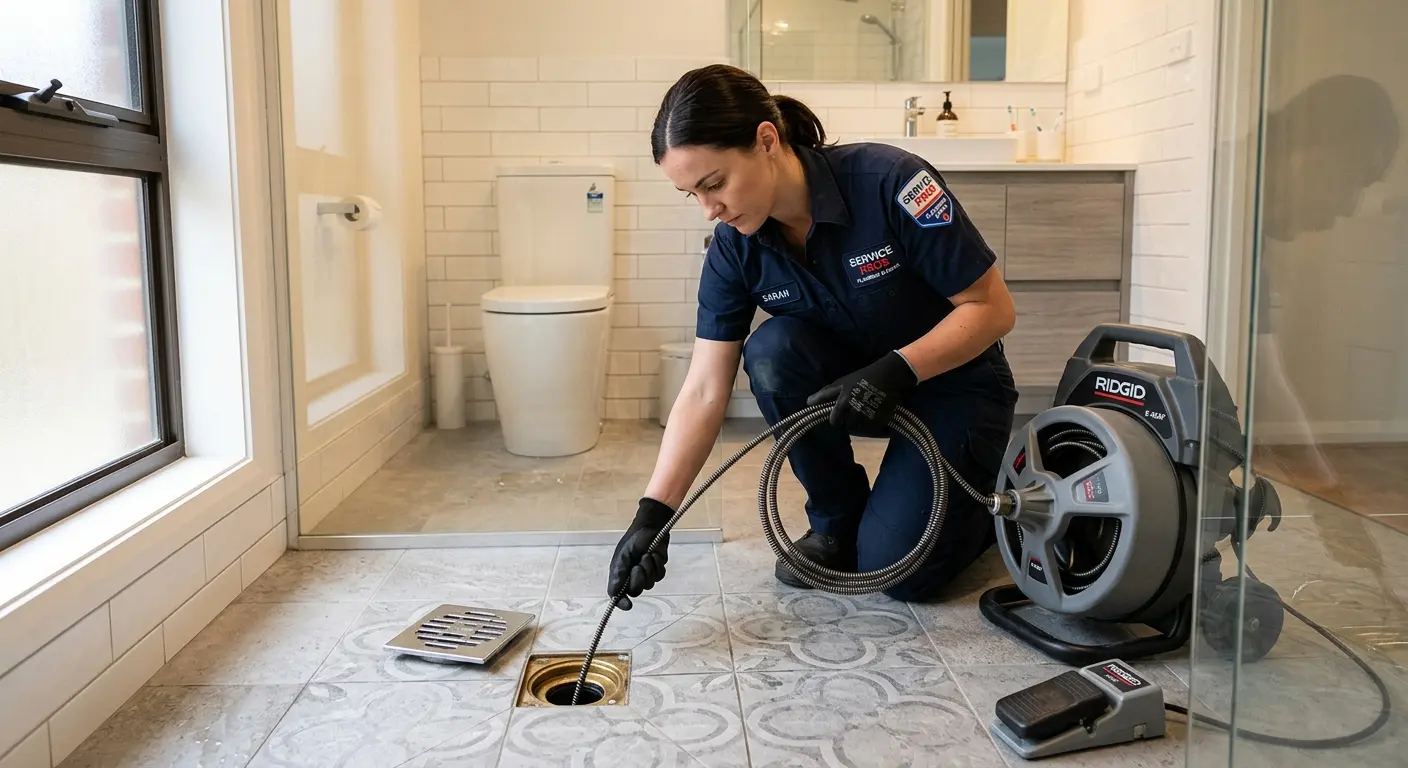 Technician clearing a bathroom floor drain for Drain Cleaning in Lehigh Acres